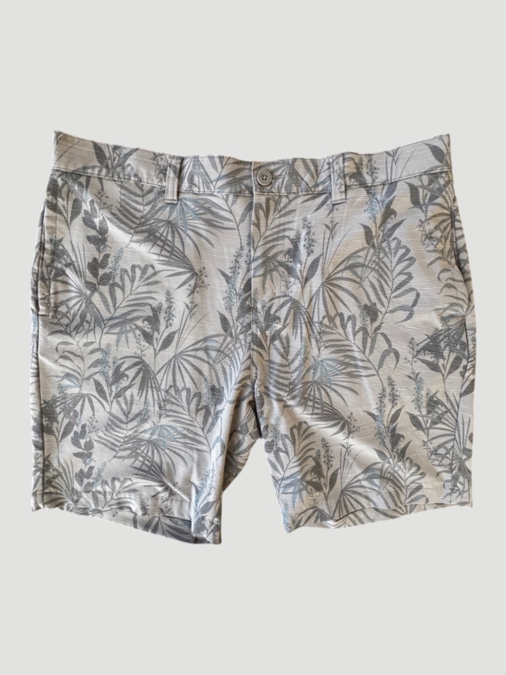 TravisMathew Men's Sz 38 Tropical Botanical Print Golf Shorts Taupe Gray Stretch